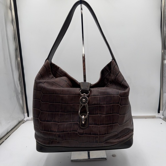 Dooney & Bourke Brown Croc Embossed Leather Hobo Shoulder Bag with Clasp Closure - Picture 2 of 13